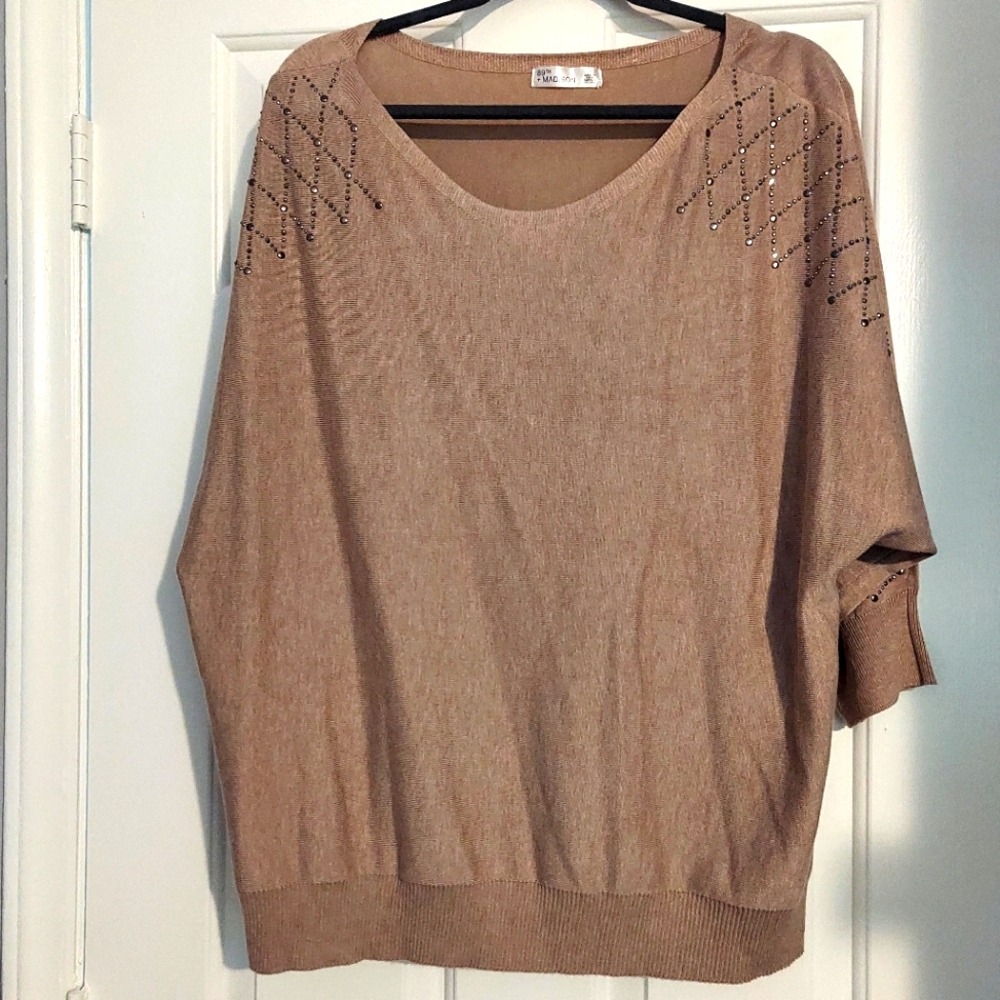 Elegant Tan Sweater with Embellished Sleeves